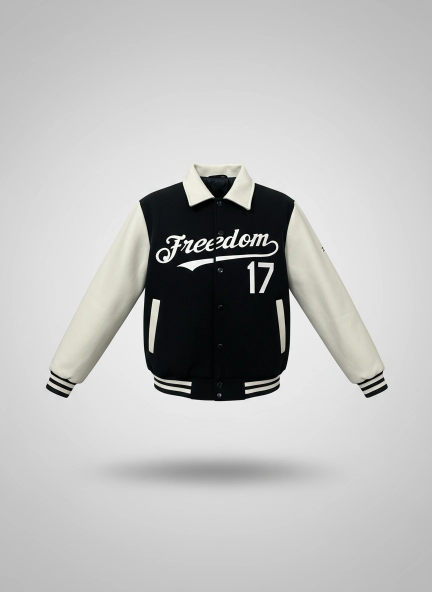 Black/Cream Freedom Varsity Jacket with lapel