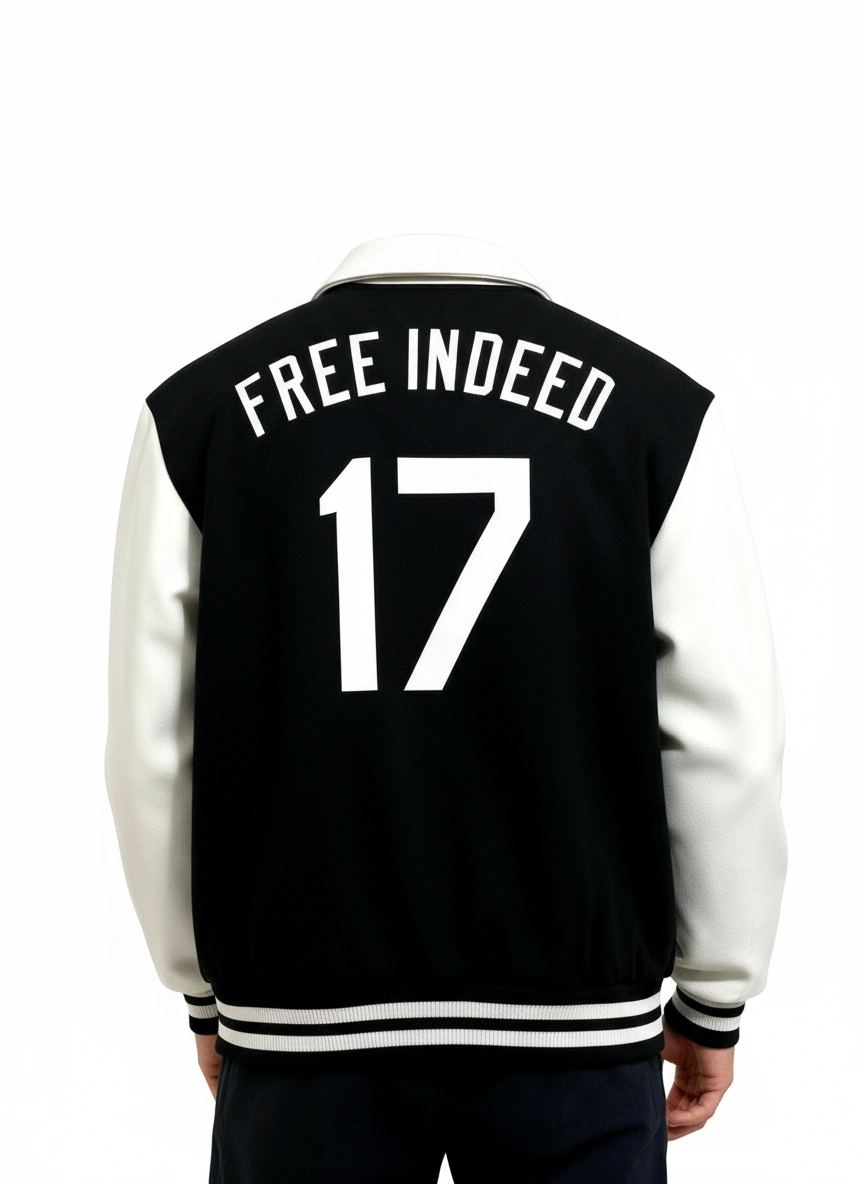 Black/Cream Freedom Varsity Jacket with lapel